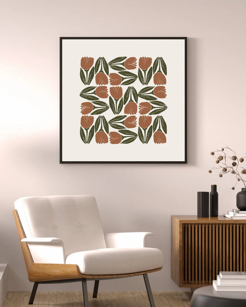 Framed Hand-Blocked Tulip Print Terracotta & Olive | Wall Art