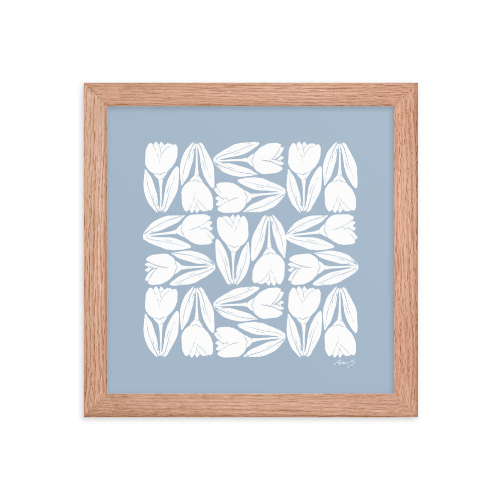 Framed Hand-Blocked Tulip Print Blue & White| Wall Art