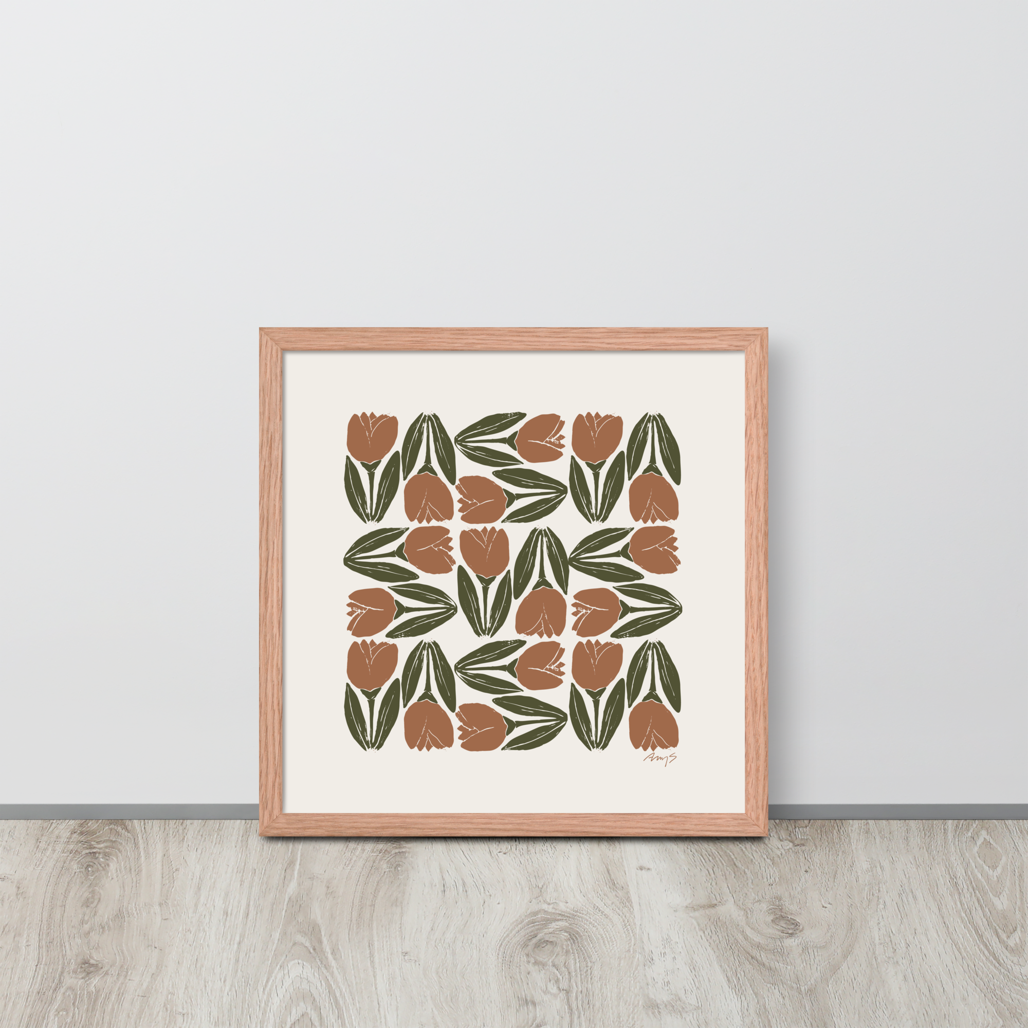 Framed Hand-Blocked Tulip Print Terracotta & Olive | Wall Art