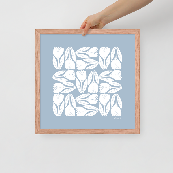 Framed Hand-Blocked Tulip Print Blue & White| Wall Art