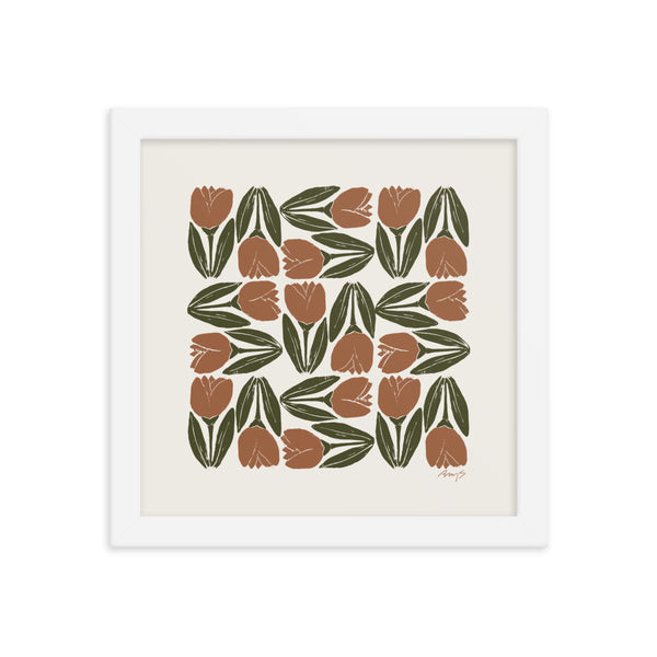 Framed Hand-Blocked Tulip Print Terracotta & Olive | Wall Art