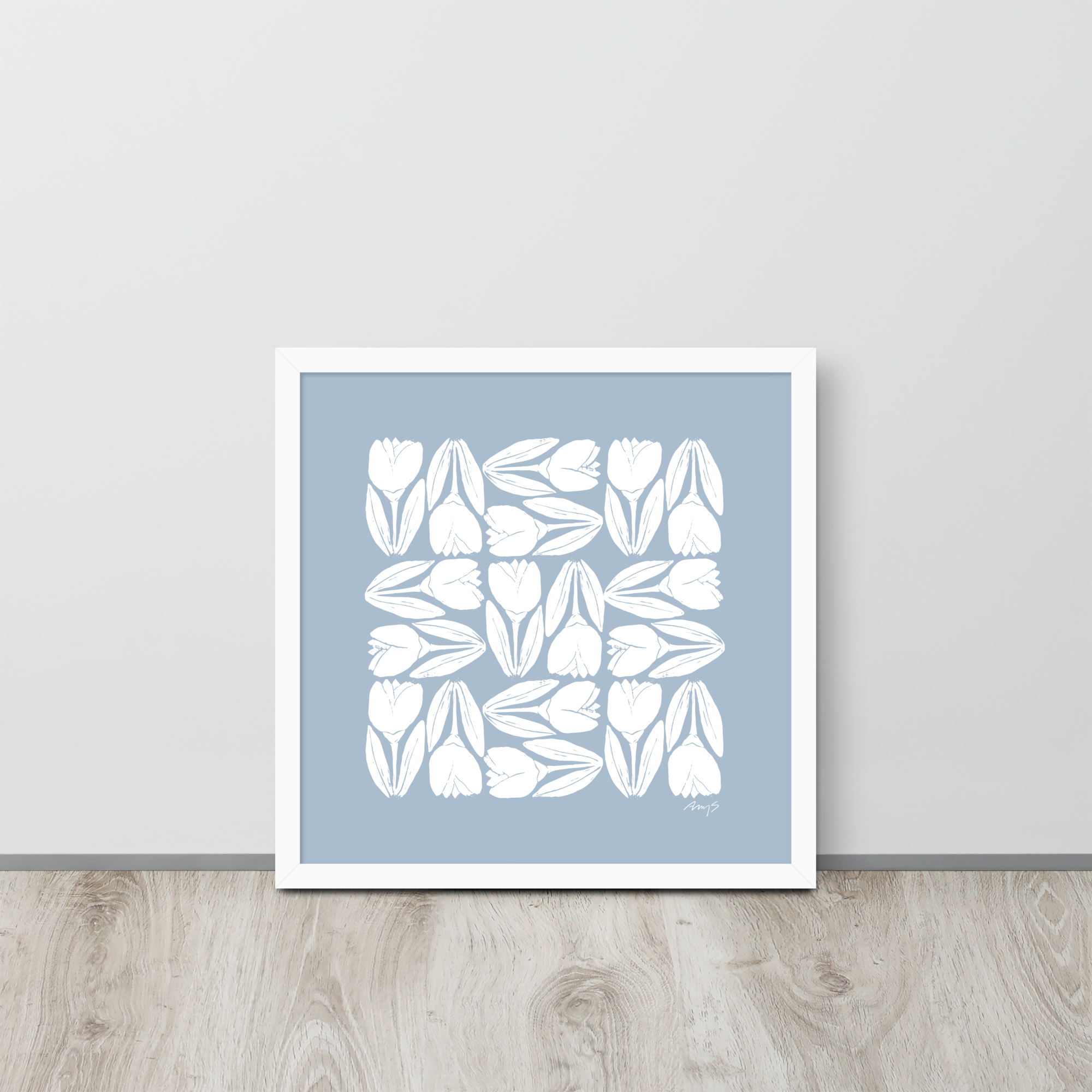 Framed Hand-Blocked Tulip Print Blue & White| Wall Art