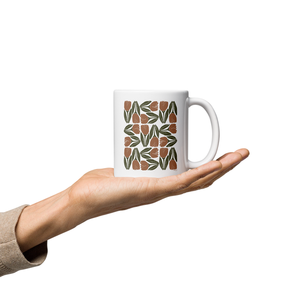 Ceramic Coffee Cup | Tulip Tile Print in Terra Cotta